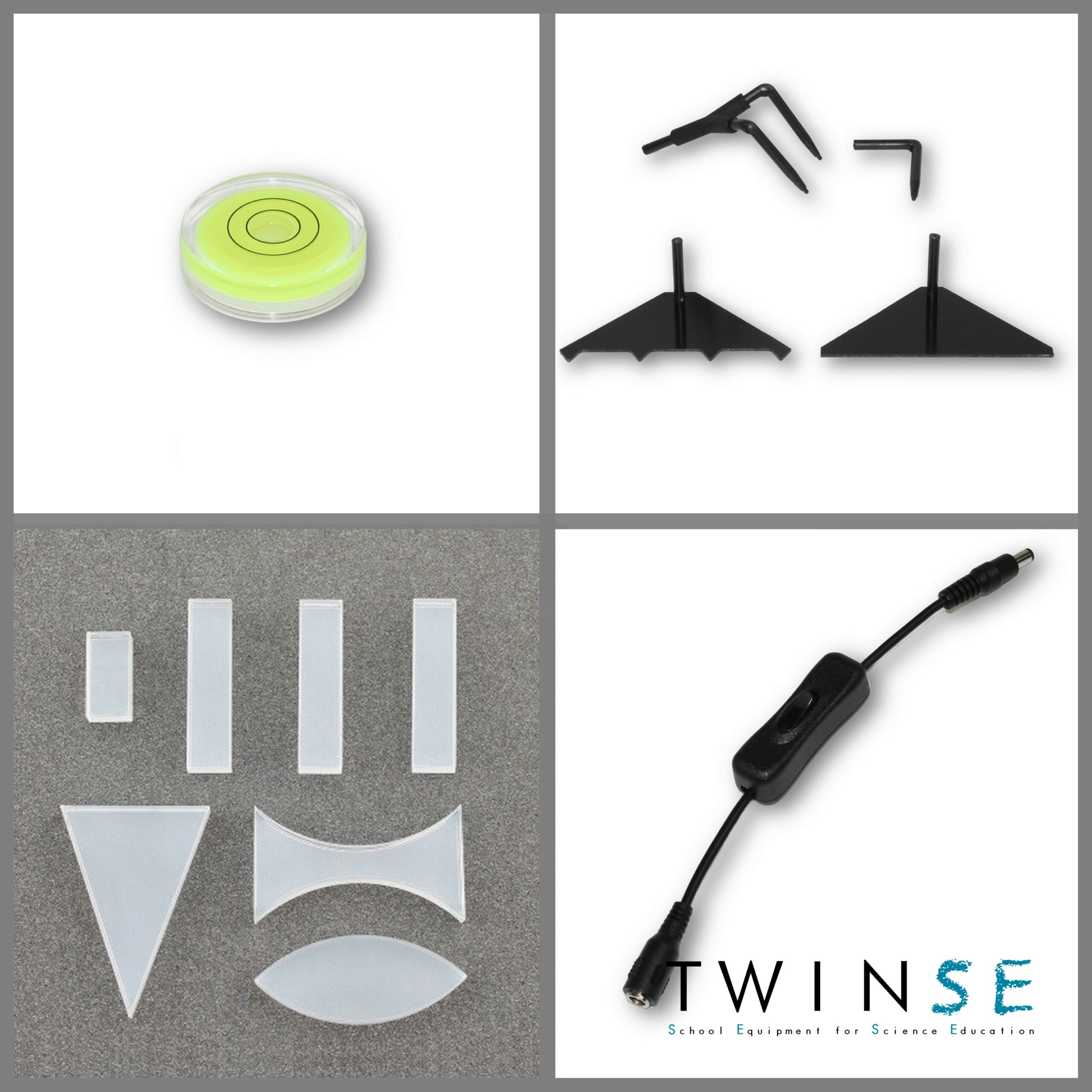 Interrupteur Jack 2.5, jeu d’excitateurs d’ondes, jeu d’obstacles transparents et indicateur de niveau / Electrical 2.5 mm jack switch , set of wave exciters, set of transparent obstacles and spirit level Interrupteur Jack 2.5, jeu d’excitateurs d’ondes, jeu d’obstacles transparents et indicateur de niveau / Electrical 2.5 mm jack switch , set of wave exciters, set of transparent obstacles and spirit level